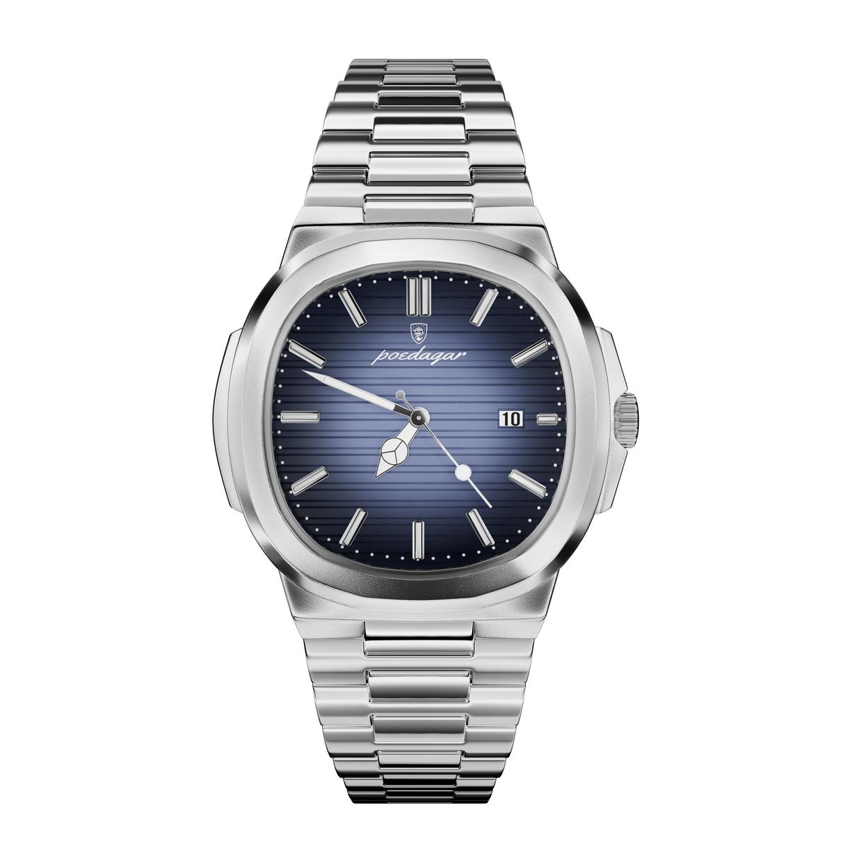 Montre Poedagar – Acier argent & cadran bleu marine