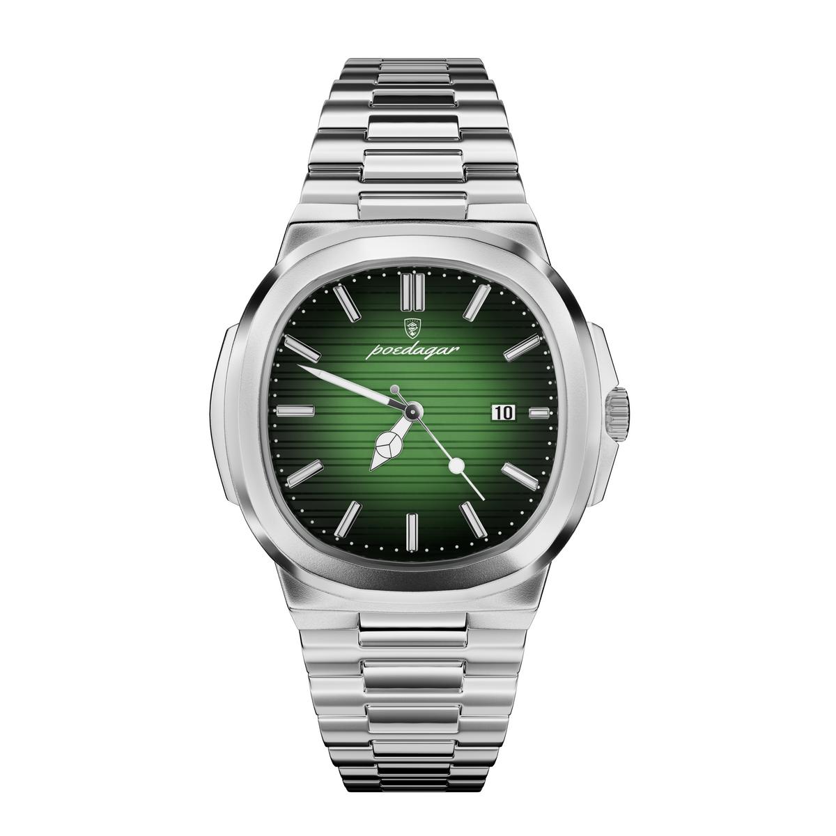 Montre Poedagar - Acier argent & cadran vert émeraude
