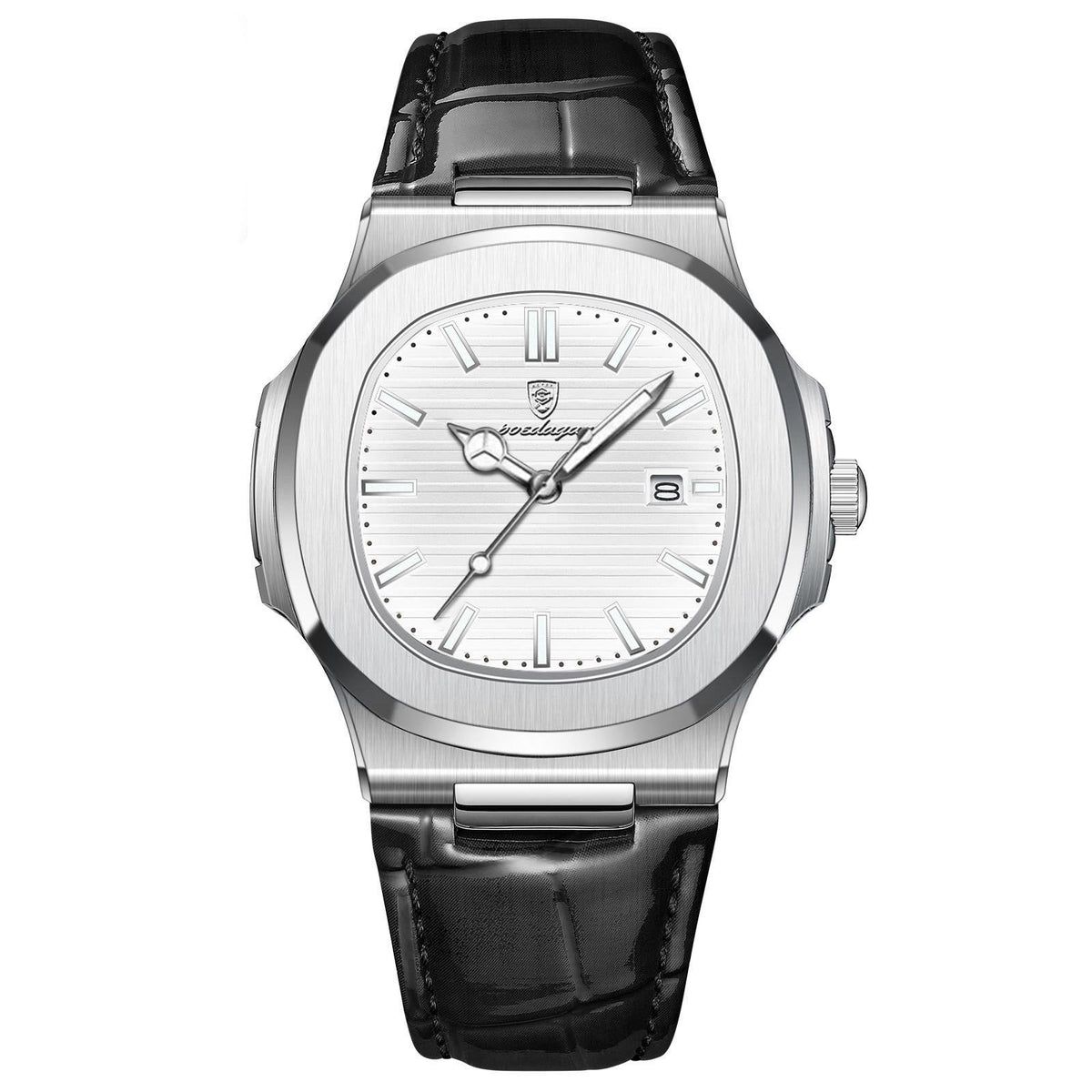 Montre Poedagar – Acier argent & cuir noir