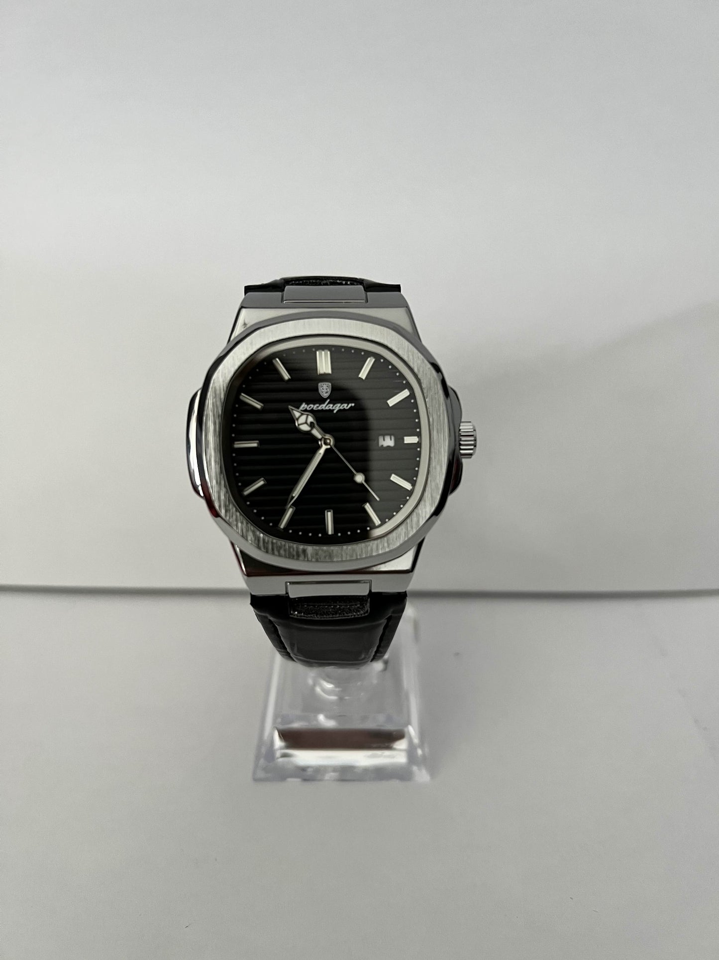 Montre Poedagar – Acier argent & bracelet cuir noir