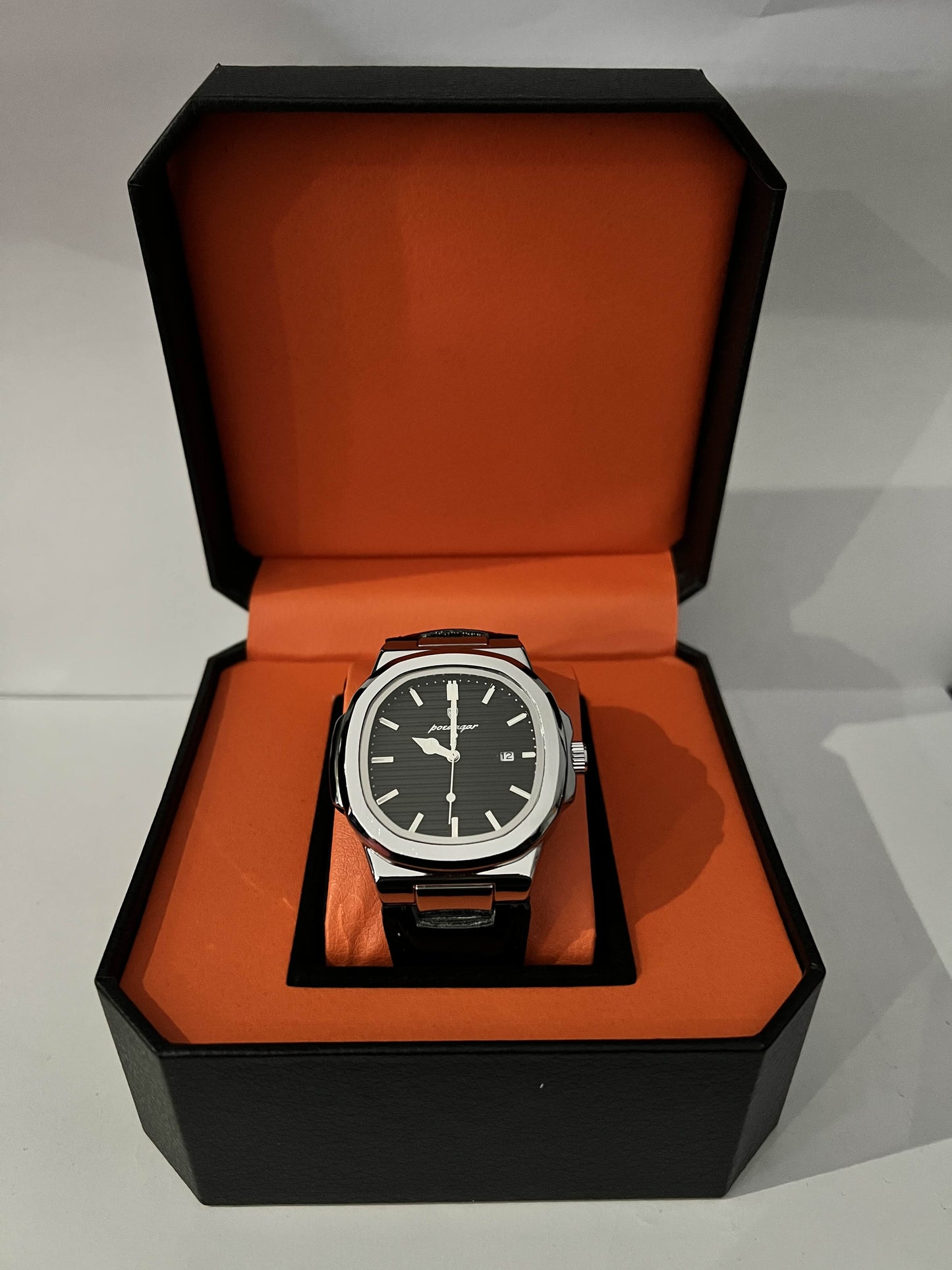 Montre Poedagar – Acier argent & bracelet cuir noir