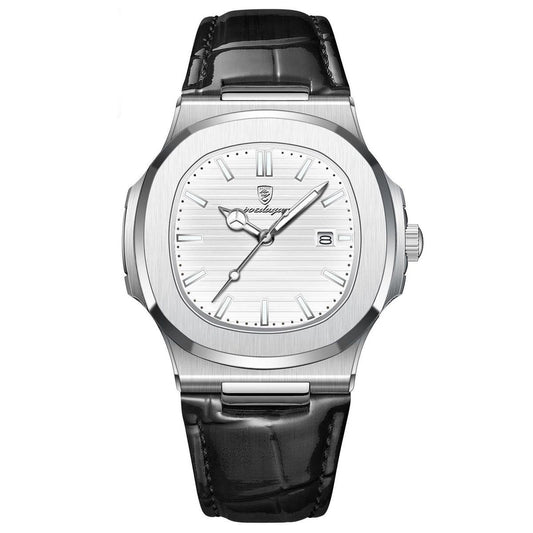 Montre Poedagar – Acier argent & cuir noir