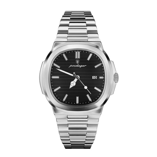 Montre Poedagar – Acier argent & cadran noir graphite