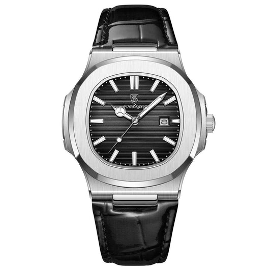 Montre Poedagar – Acier argent & bracelet cuir noir
